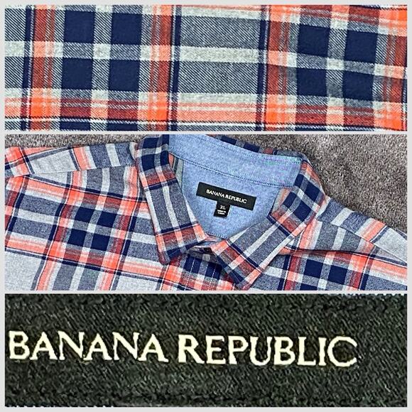 Banana Republic Men XL Gray Blue Red Plaid Flannel Long Sleeve Button Down Shirt - Picture 1 of 13